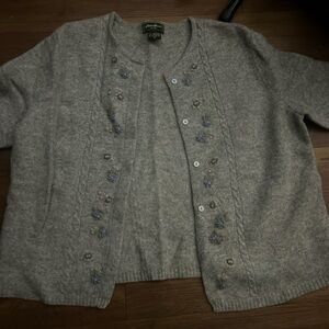 Eddie Bauer Grey Floral-Embroidered Knit Cardigan